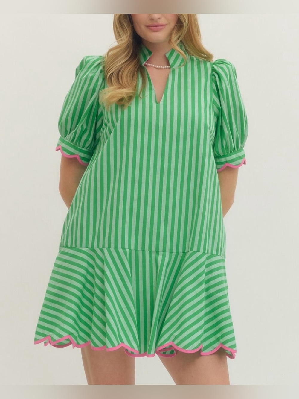 entro Green Striped Mini Dress with Pink Scallop Trim